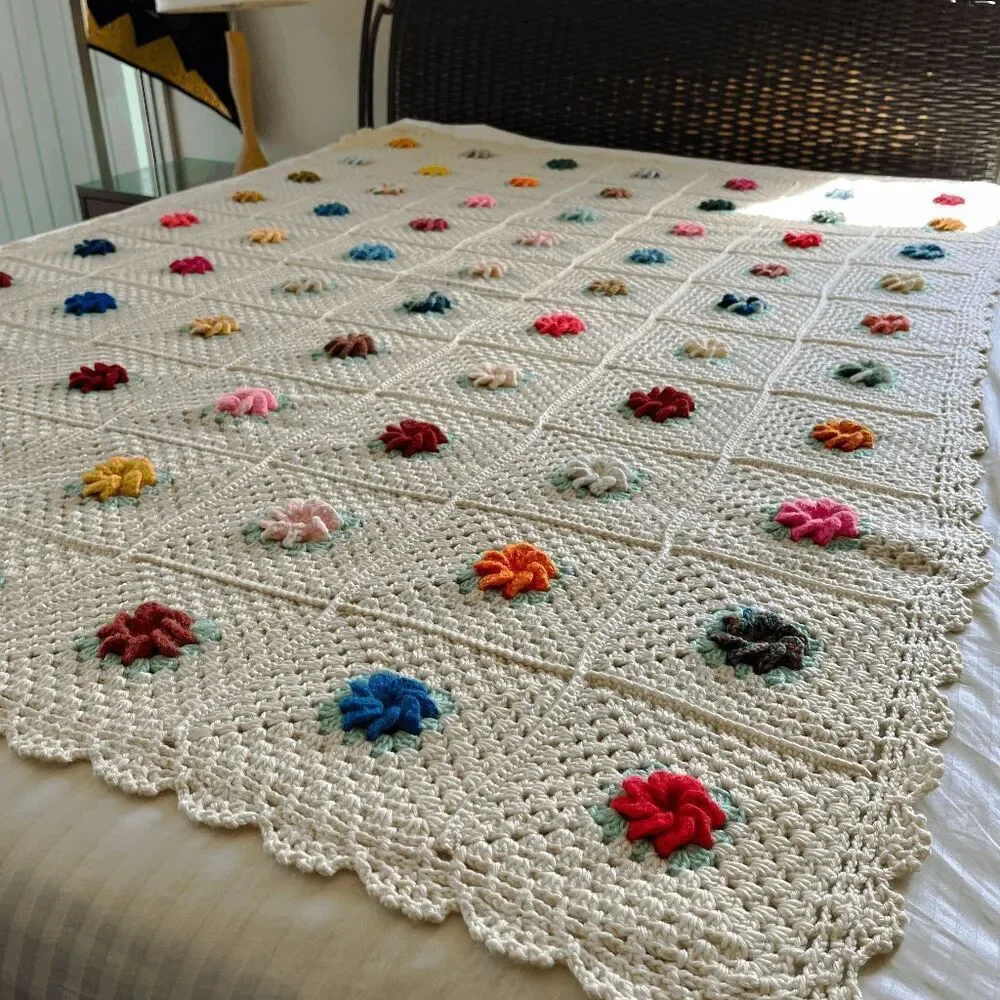 Handmade Crochet Afghan Blanket Puff 3D Flowers Cotton Blend 72x52 Boho Cottagec